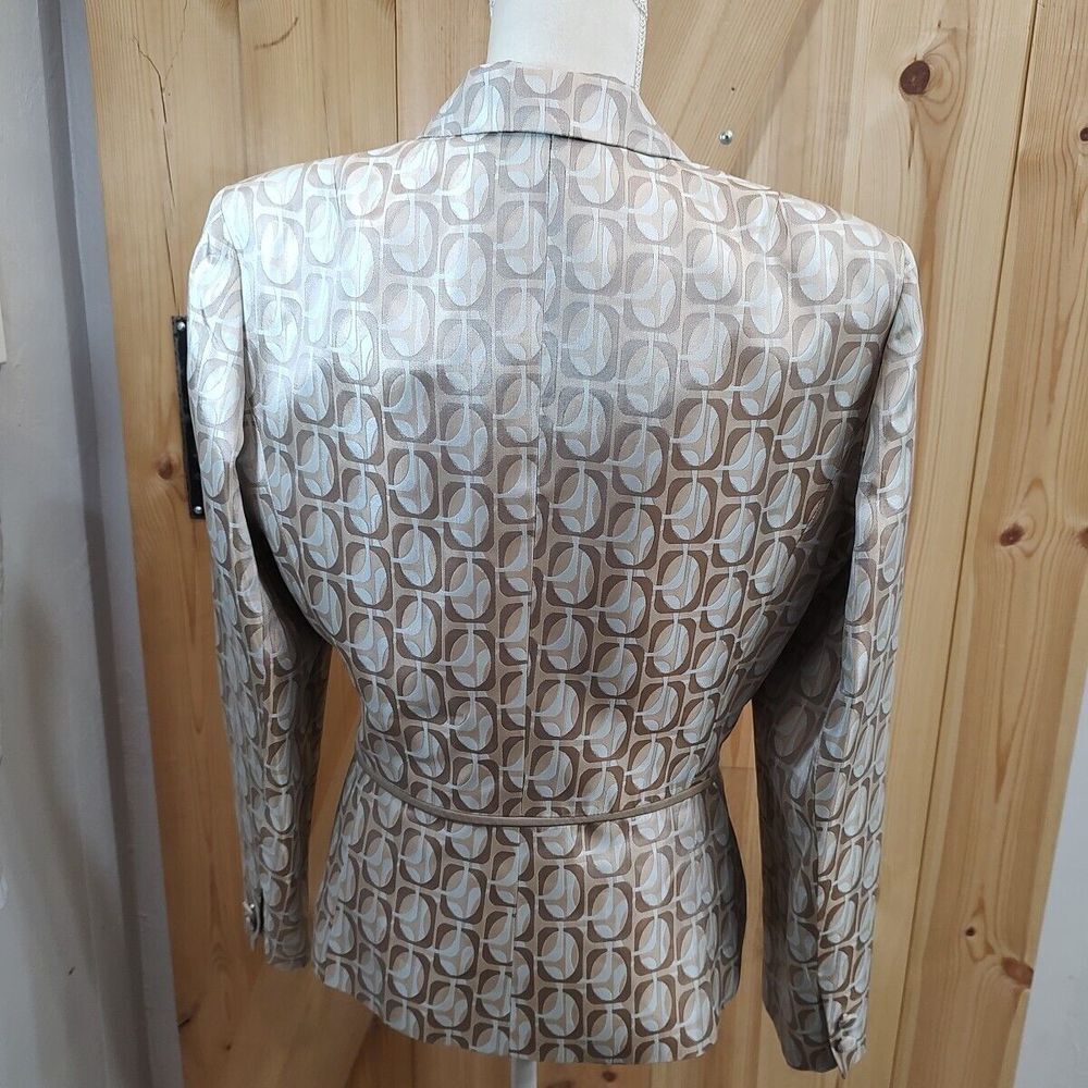 Kay Unger NY Blazer 14 Damask Ivory/Blue Vintage Suit‎ Jacket Y2K Leather Belt - Picture 6 of 11